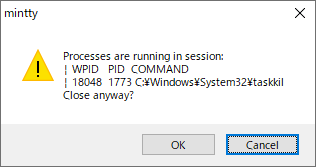 MSYS2 インストール mintty Processes are running in session